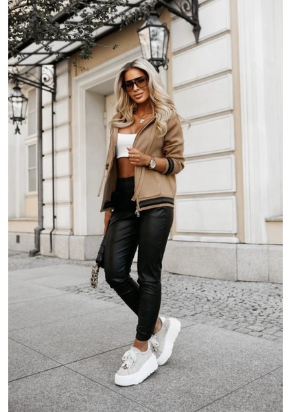 Kadın Yüksek Bel Lastikli Cepli Deri Pantolon fırsatları