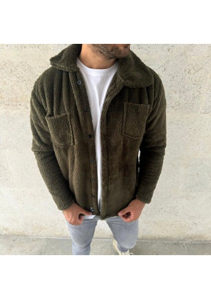 Erkek Pelüş Polar Hırka Gömlek – Yakalı, Ilik Düğmeli, Göğüs Cepli, Yumuşak Dokulu Kışlık Regular Fit Rahat Günlük Model - Haki fırsatları