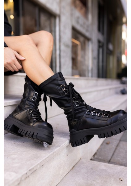 Reed Kadın Siyah Gercek Deri Strec Detayli Deri Bot