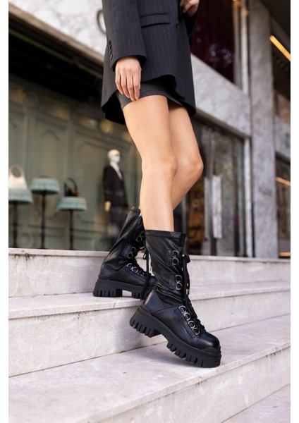 Reed Kadın Siyah Gercek Deri Strec Detayli Deri Bot