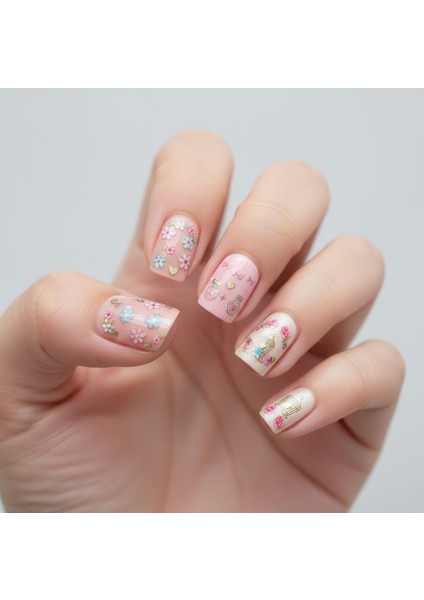 3 Lü Nail Art Sticker Seti - 36 Adet (Kuş Kafesi, Kurdele ve Çiçek Desenleri)
