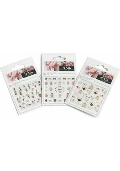 3 Lü Nail Art Sticker Seti - 36 Adet (Kuş Kafesi, Kurdele ve Çiçek Desenleri) modelleri