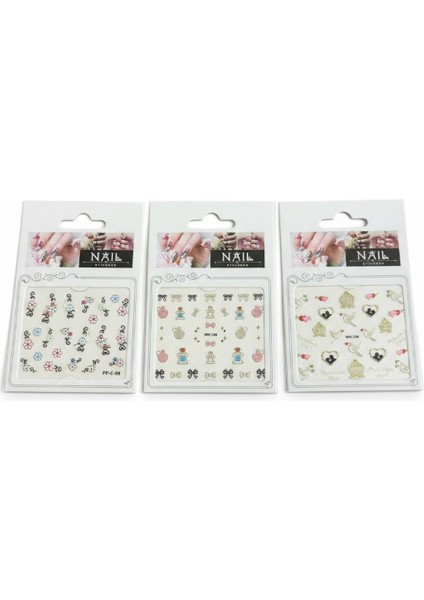 3 Lü Nail Art Sticker Seti - 36 Adet (Kuş Kafesi, Kurdele ve Çiçek Desenleri) fırsatları