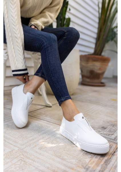 Yussi Kadin Beyaz Gercek Deri Sneaker