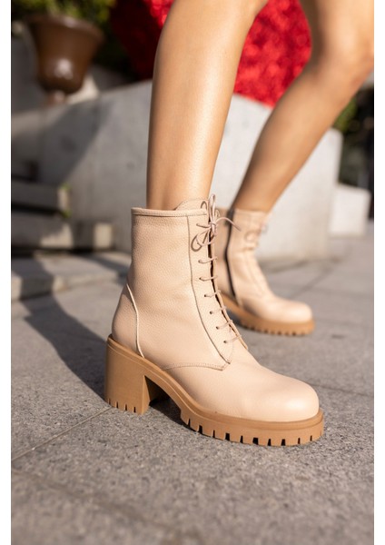 Reidd Kadın Bej Bıskuvi Gercek Deri Kalın Topuklu Bot