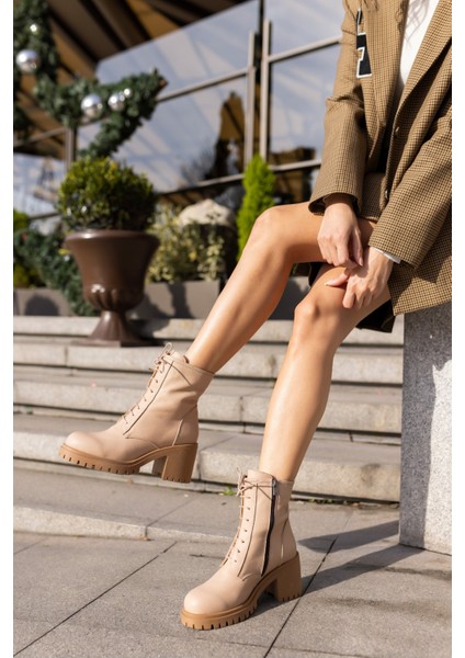 Reidd Kadın Bej Bıskuvi Gercek Deri Kalın Topuklu Bot modelleri