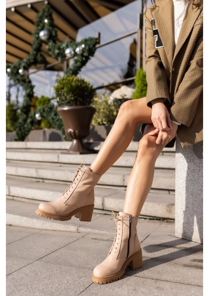 Reidd Kadın Bej Bıskuvi Gercek Deri Kalın Topuklu Bot fırsatları
