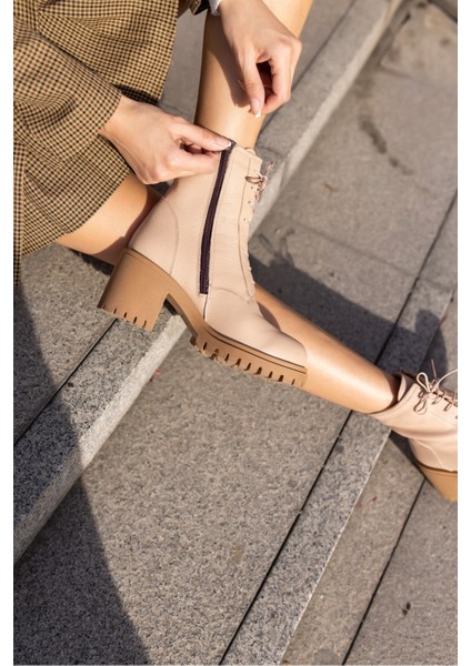 Reidd Kadın Bej Bıskuvi Gercek Deri Kalın Topuklu Bot