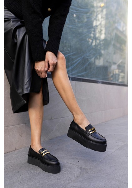 Milic Kadin Siyah Gercek Deri Eva Tabanli Loafer Ayakkabi