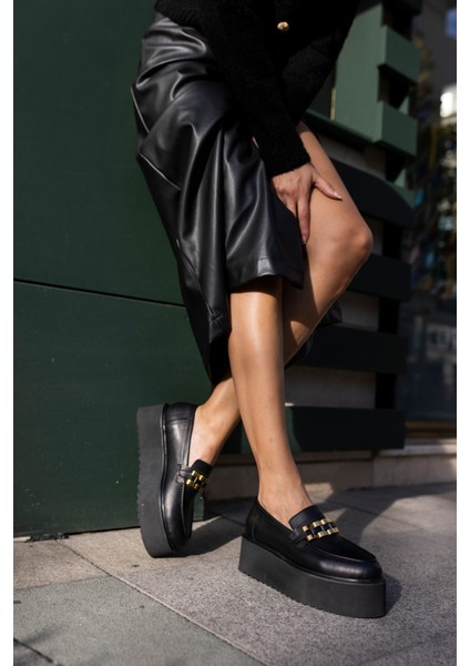 Milic Kadin Siyah Gercek Deri Eva Tabanli Loafer Ayakkabi