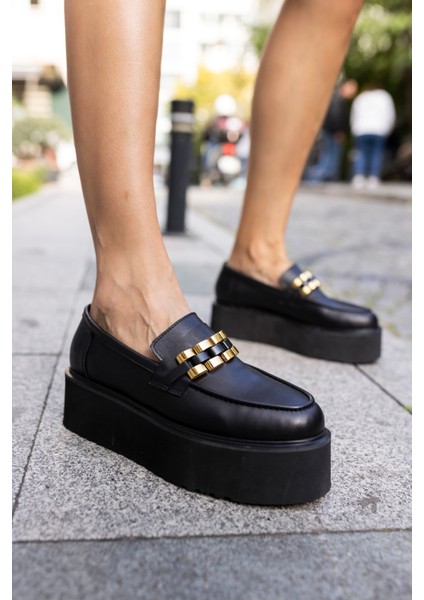 Milic Kadin Siyah Gercek Deri Eva Tabanli Loafer Ayakkabi