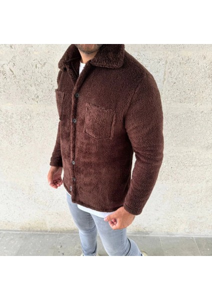 Erkek Pelüş Polar Hırka Gömlek – Yakalı, Ilik Düğmeli, Göğüs Cepli, Yumuşak Dokulu Kışlık Regular Fit Rahat Günlük Model - Kahverengi modelleri