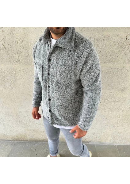 Erkek Pelüş Polar Hırka Gömlek – Yakalı, Ilik Düğmeli, Göğüs Cepli, Yumuşak Dokulu Kışlık Regular Fit Rahat Günlük Model - Gri fırsatları