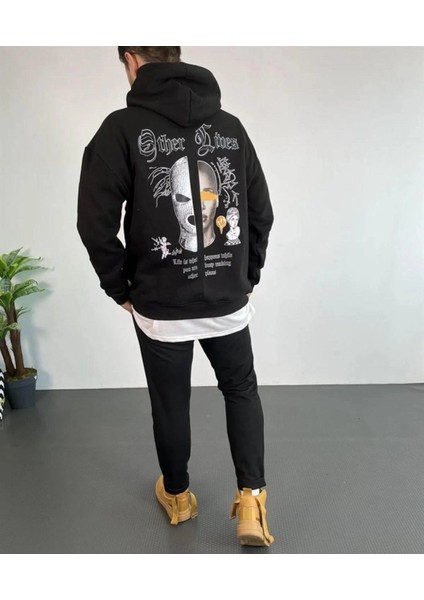 Erkek Kapşonlu Sweatshirt – Oversize Üç Iplik Şardonlu Hoodie, “other Lives” Ön - Arka Baskılı, Kanguru Cepli, Kışlık Rahat Günlük Stil - Siyah fırsatları