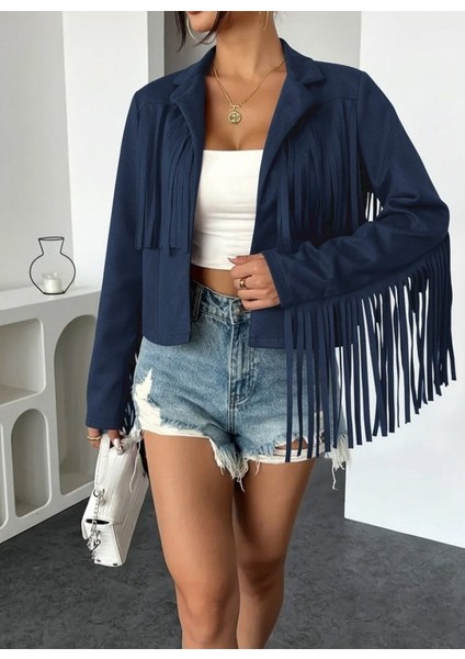 Kadın Uzun Kollu Yakalı Kısa Püsküllü Süet Ceket modelleri