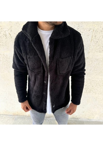 Erkek Pelüş Polar Hırka Gömlek – Yakalı, Ilik Düğmeli, Göğüs Cepli, Yumuşak Dokulu Kışlık Regular Fit Rahat Günlük Model - Siyah modelleri