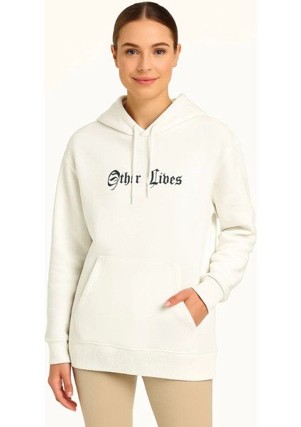 Oversize Üç Iplik Şardonlu Kapüşonlu Sweatshirt – Beyaz “other Lives” Ön ve Arka Baskılı, Kanguru Cepli, Ribanalı Rahat Kışlık Model Beyaz fırsatları