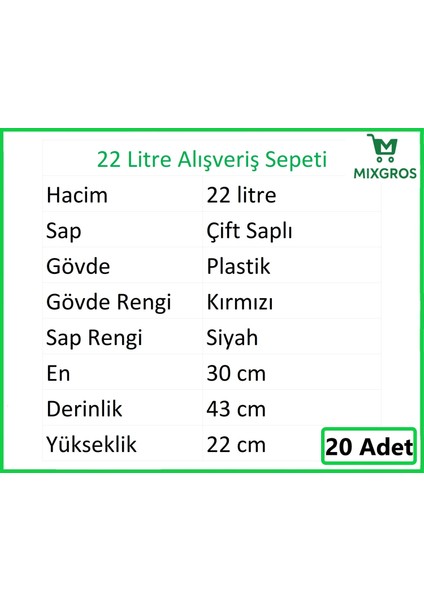 Plastik Market Alışveriş El Sepeti 22 Litre Kırmızı 20 Adet fiyatları