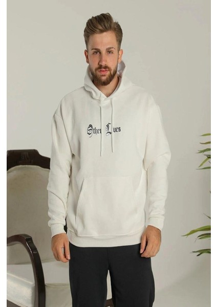 Oversize Üç Iplik Şardonlu Kapüşonlu Sweatshirt – Beyaz “other Lives” Ön ve Arka Baskılı, Kanguru Cepli, Ribanalı Rahat Kışlık Model Beyaz fiyatları