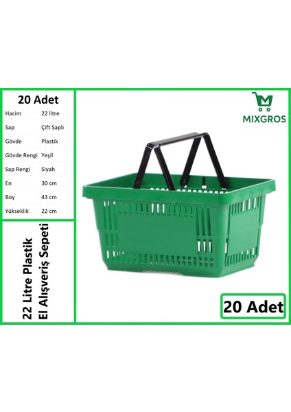 Plastik Market Alışveriş El Sepeti 22 Litre Yeşil 20 Adet