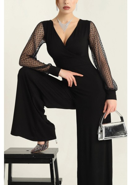 Kadın Derin V Yaka Kolları Puantiyeli Tül Detay Ispanyol Paça Tulum