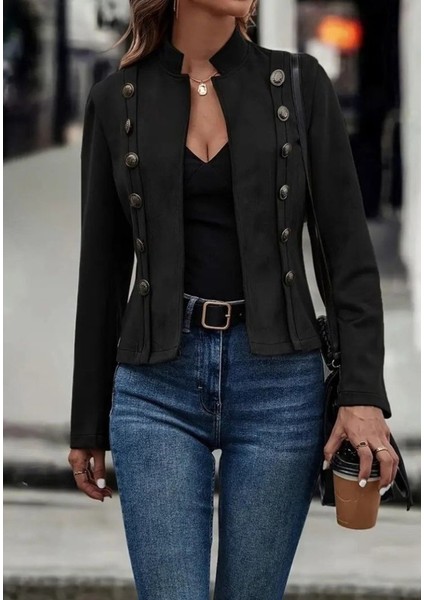 Kadın Uzun Kollu Hakim Yaka Yanlardan Düğmeli Kısa Süet Ceket modelleri