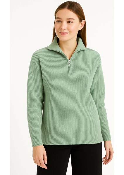 Kadın Yarım Fermuarlı Triko Kazak – Selanik Örgü, Dik Yaka, Pamuklu Dokuma, Oversize Uzun Kollu Kışlık Model - Mint Yeşili fiyatları