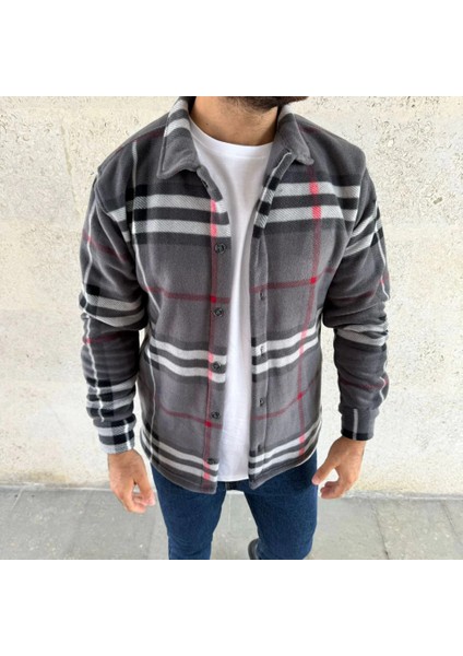 Erkek Ekose Desenli Düğmeli Polar Yakalı Uzun Kollu Gömlek Oversize Rahat Kalıp - Füme modelleri