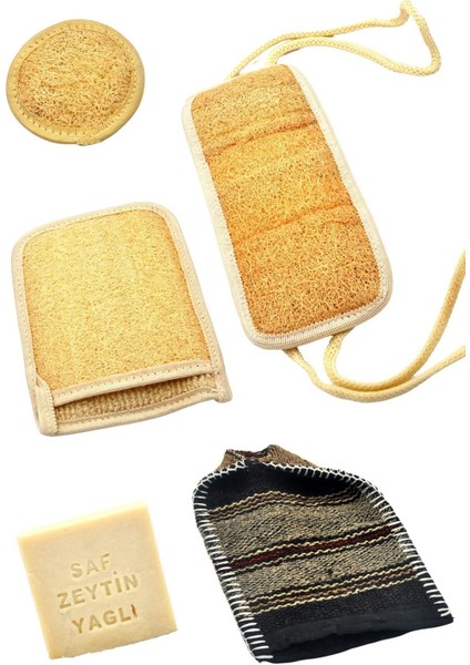 5`li Banyo Hamam Kese Seti Doğal Kabak Lifi Yüz + Vücud + Sırt + Sabun + Kese // SET10