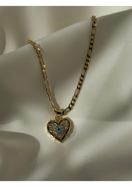 Kalp Nazar Detaylı Zirkon Taşlı Gold Çelik Kolye