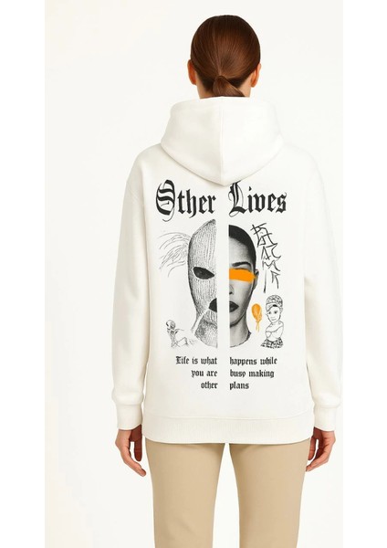 Kapşonlu Sweatshirt – Oversize Üç Iplik Şardonlu Hoodie, “other Lives” Ön - Arka Baskılı, Kanguru Cepli, Kışlık Rahat Günlük Stil - Beyaz modelleri