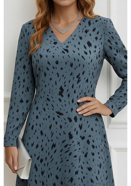 Kadın Uzun Kollu V Yakalı Desenli Kısa Keten Elbise fiyatları