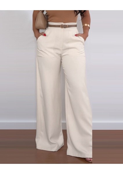 Kadın Yüksek Bel Geniş Paça Detaylı Cepli Ithal Krep Pantolon fırsatları