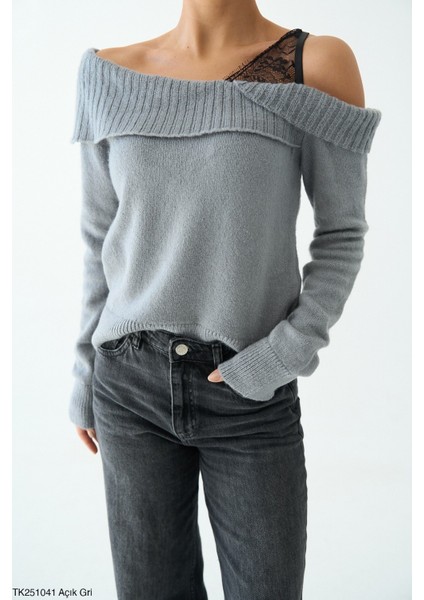 Kadın Kayık Yaka Dantel Detaylı Basıc Günlük Triko Kazak