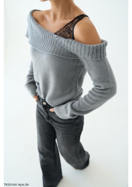 Kadın Kayık Yaka Dantel Detaylı Basıc Günlük Triko Kazak modelleri