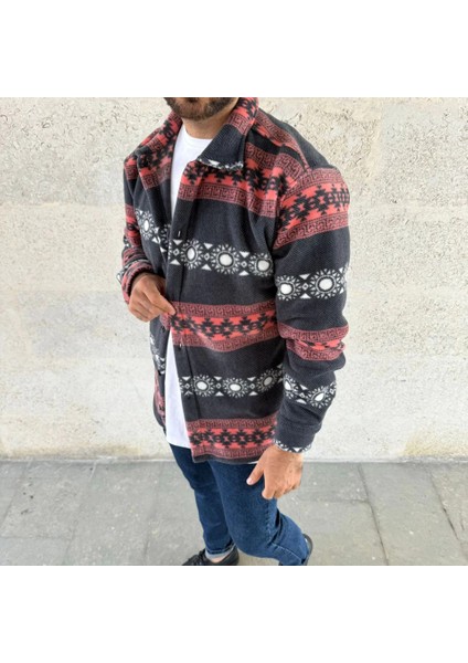 Erkek Desenli Polar Gömlek – Etnik Şerit Desen Yakalı, Uzun Kollu, Düğmeli, Oversize Rahat Kalıp - Füme modelleri