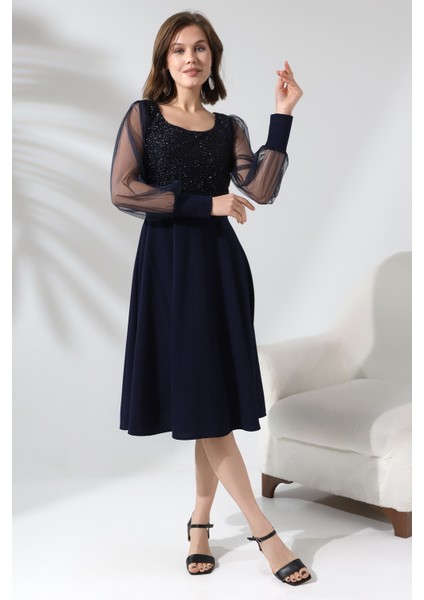 Simli Yuvarlak Yaka Elbise F119 modelleri