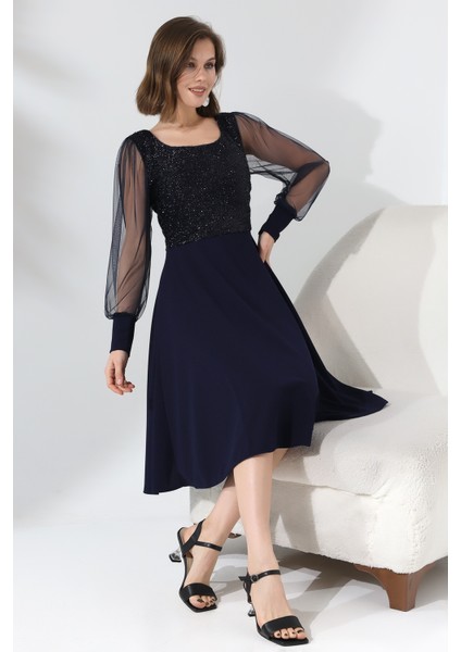 Simli Yuvarlak Yaka Elbise F119 fırsatları