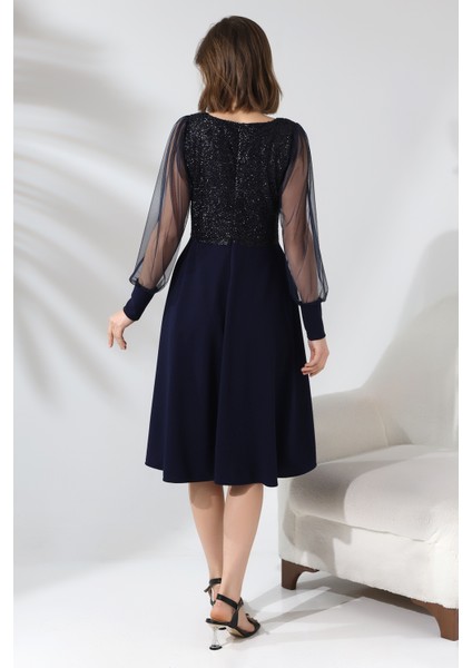 Simli Yuvarlak Yaka Elbise F119