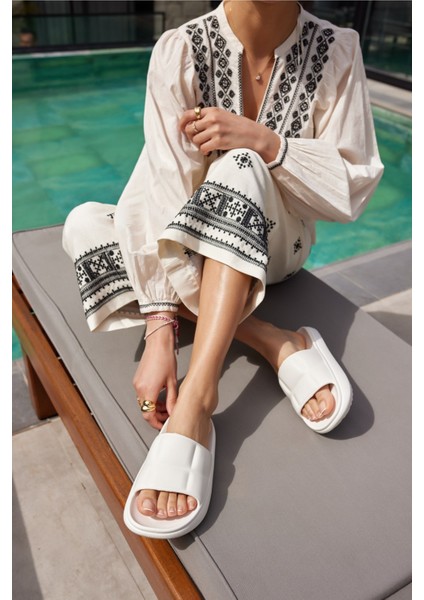 Clarisa Unısex Bej Baklava Desen Eva Gunluk-Plaj Platform Terlık modelleri