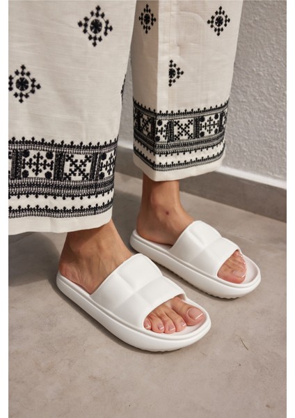 Clarisa Unısex Bej Baklava Desen Eva Gunluk-Plaj Platform Terlık