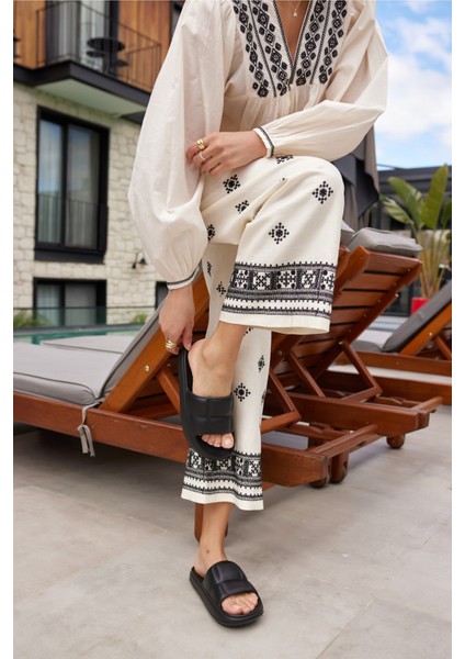 Clarisa Unısex Bej Baklava Desen Eva Gunluk-Plaj Platform Terlık