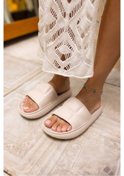 Clarisa Unısex Bej Baklava Desen Eva Gunluk-Plaj Platform Terlık