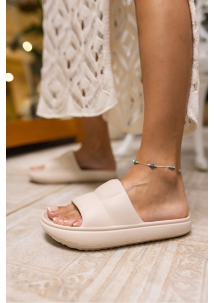 Clarisa Unısex Bej Baklava Desen Eva Gunluk-Plaj Platform Terlık