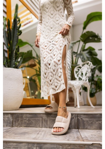 Clarisa Unısex Bej Baklava Desen Eva Gunluk-Plaj Platform Terlık