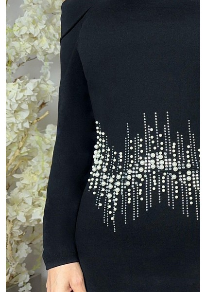 G1608 Madonna Yaka Inci ve Taş Detaylı Abiye Elbise Siyah indirimleri