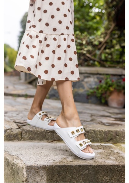 Zaha Kadın Beyaz Piramit Detay Plaj-Gunluk Eva Terlık