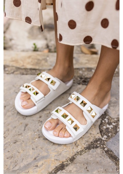 Zaha Kadın Beyaz Piramit Detay Plaj-Gunluk Eva Terlık fırsatları