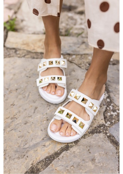 Zaha Kadın Beyaz Piramit Detay Plaj-Gunluk Eva Terlık indirimleri