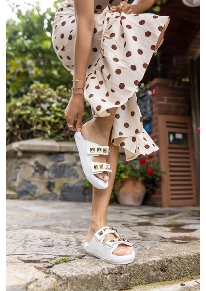 Zaha Kadın Beyaz Piramit Detay Plaj-Gunluk Eva Terlık